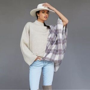 Anthropologie Pilcro Mixed Plaid Poncho Sweater in Beige Size O/S